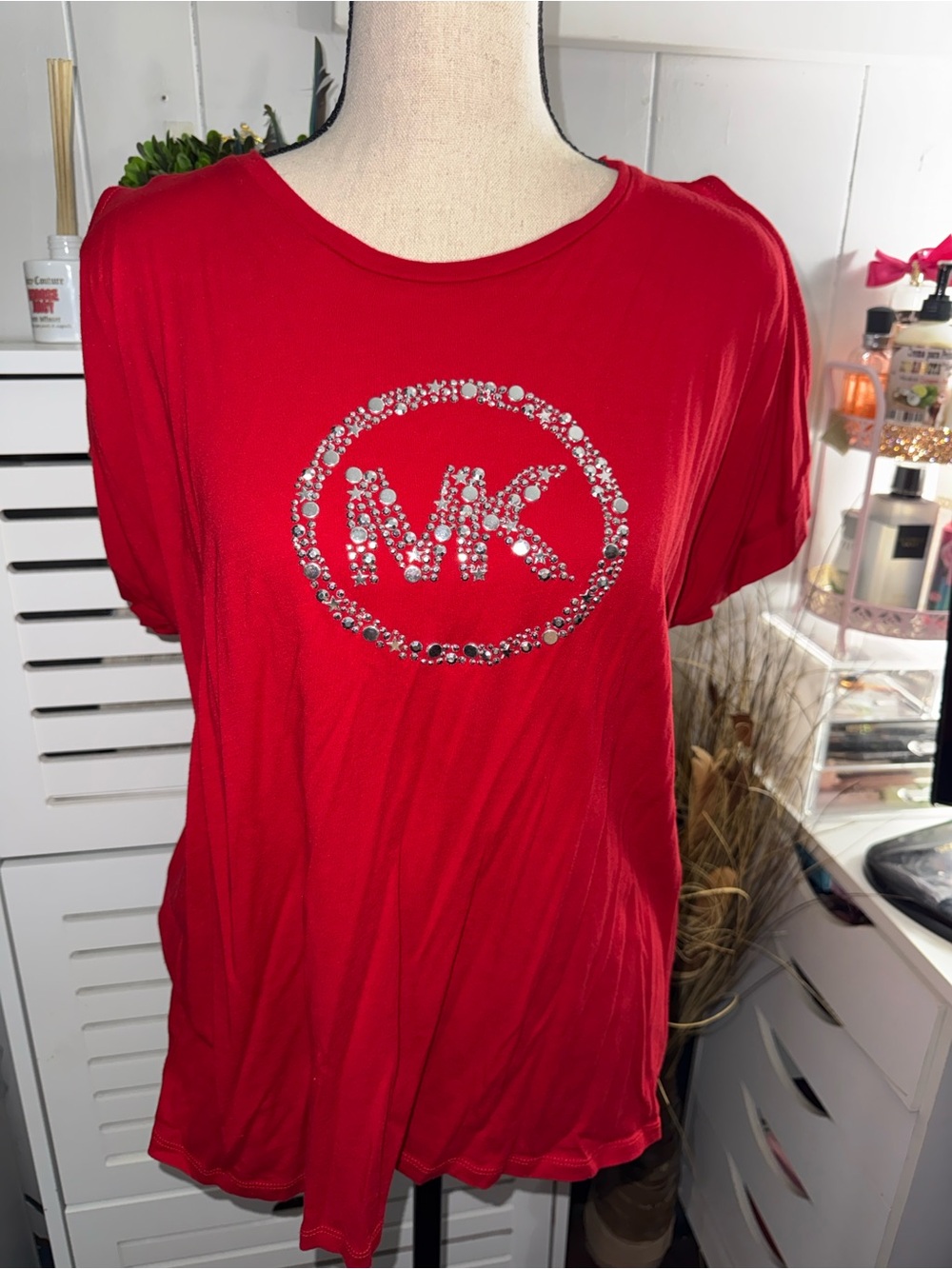 Michael Kors Red Crystal Logo Short Sleeve Tee SIZE L